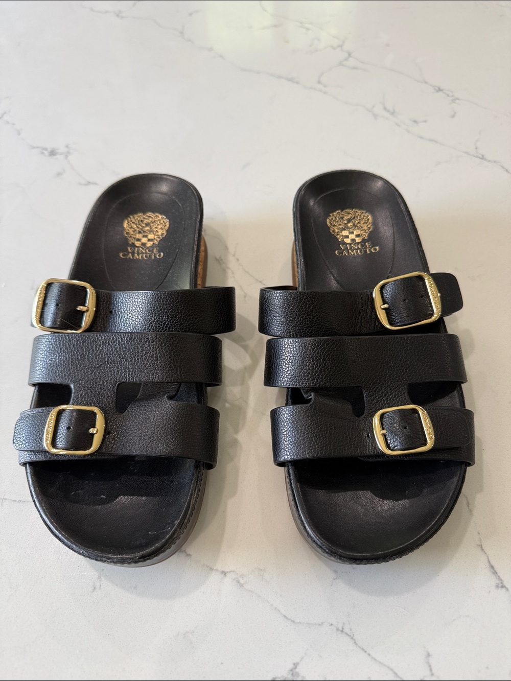 Vince Camuto Men’s Black Double-Buckle Slide Sandals with Gold Buckles
